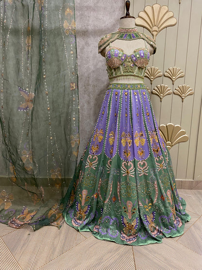 Green lavender PDP crop top lehenga