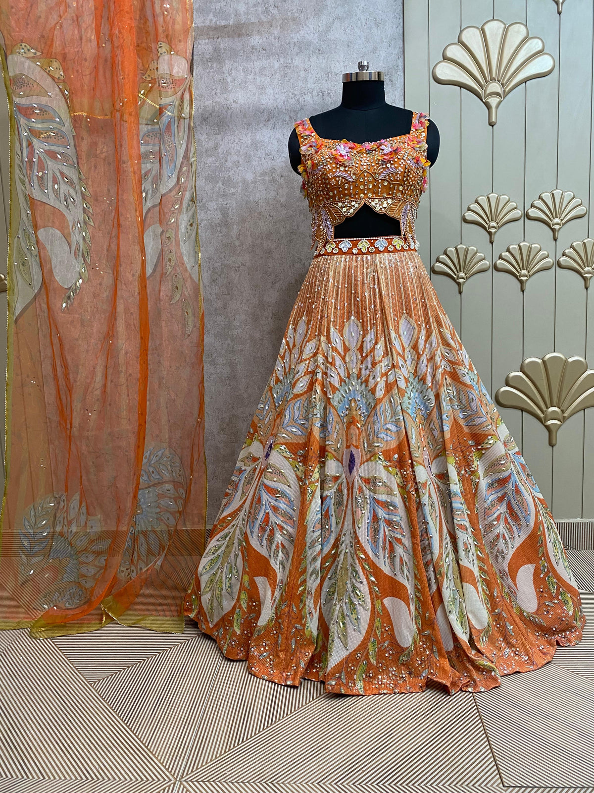 Peach crop top lehenga