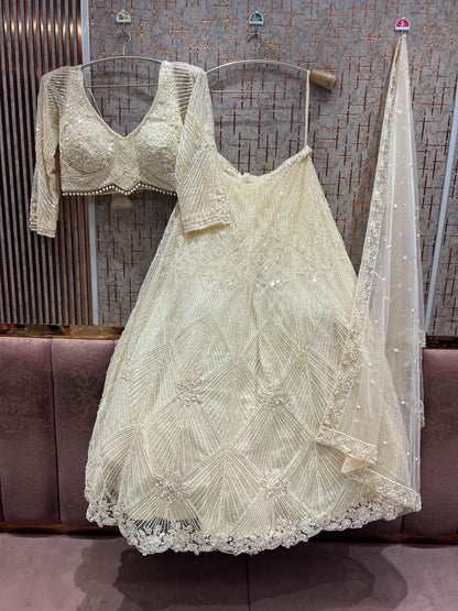 Beige Golden Crop Top Lehenga