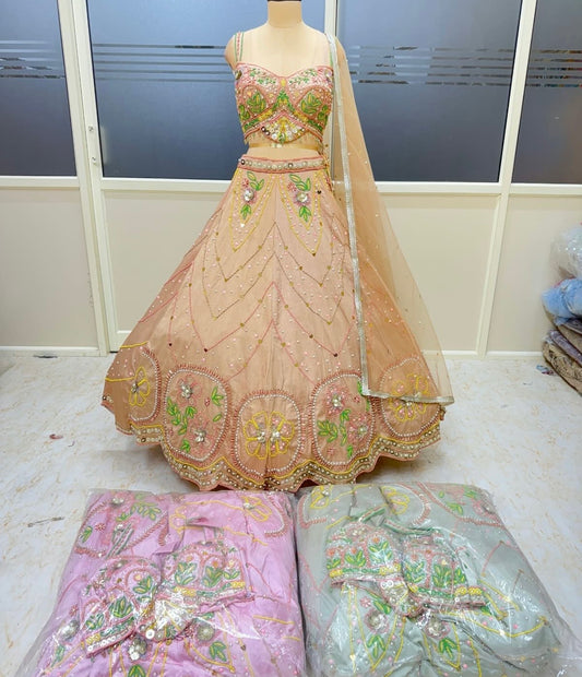 Peach light blue green Pink pdp crop top Lehenga