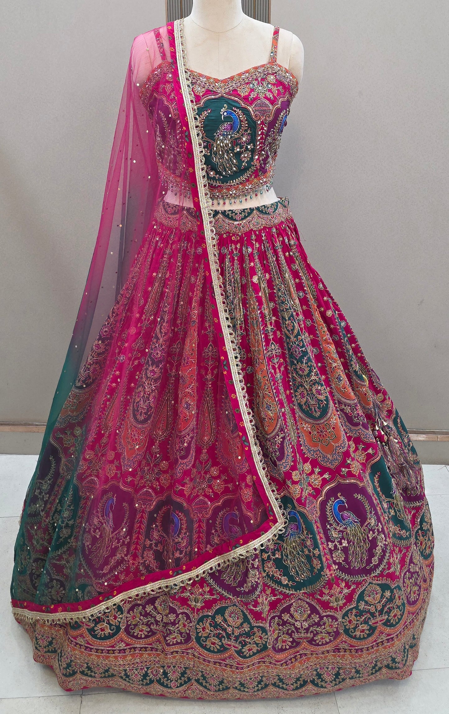 Blue pink peacock Banarasi Crop Top Lehenga