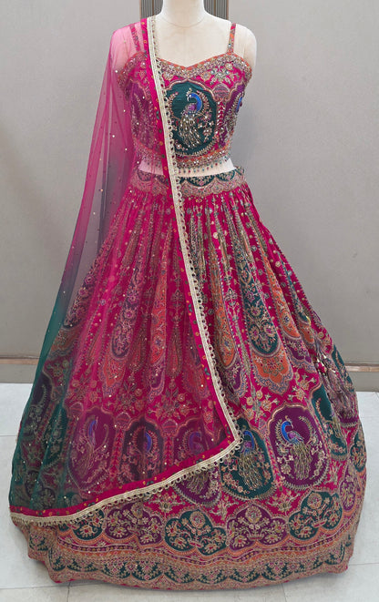 Blue pink peacock Banarasi Crop Top Lehenga