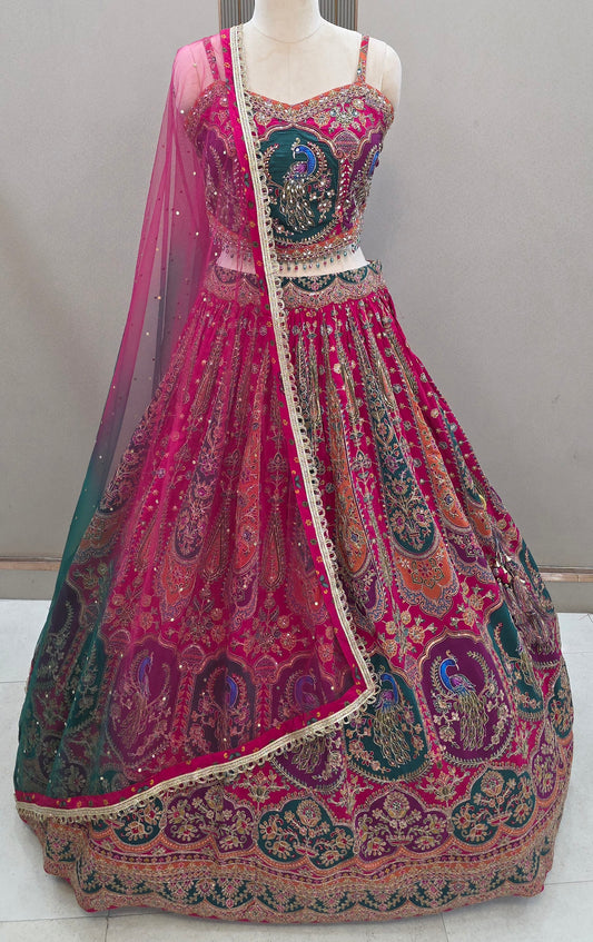 Green pink peacock Banarasi Crop Top Lehenga