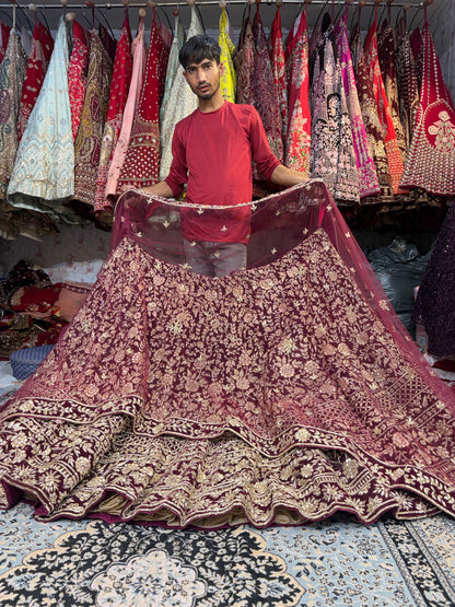 Lovely maroon bridal Lehenga handwork zardozi dabka