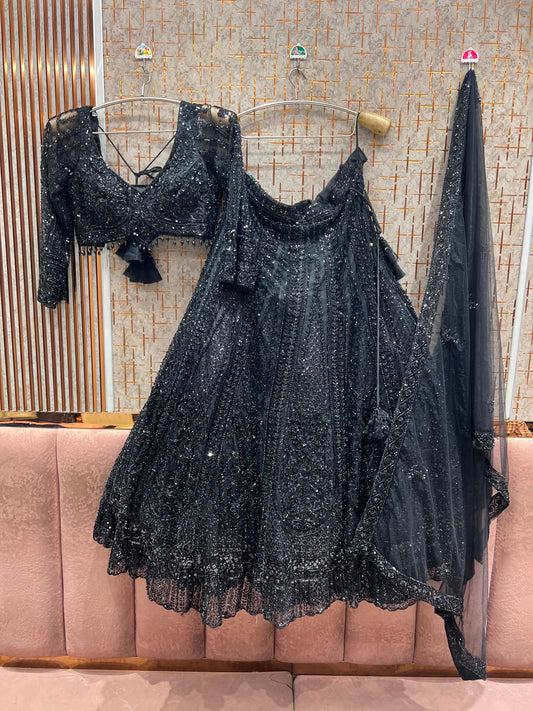 Black on Black Monotone Crop Top Lehenga