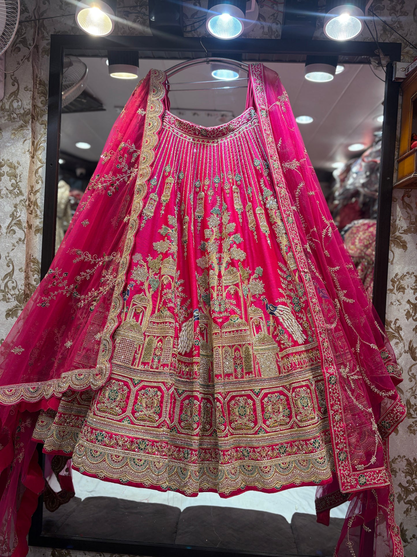 Fabulous rani pink peacock handwork bridal Lehenga