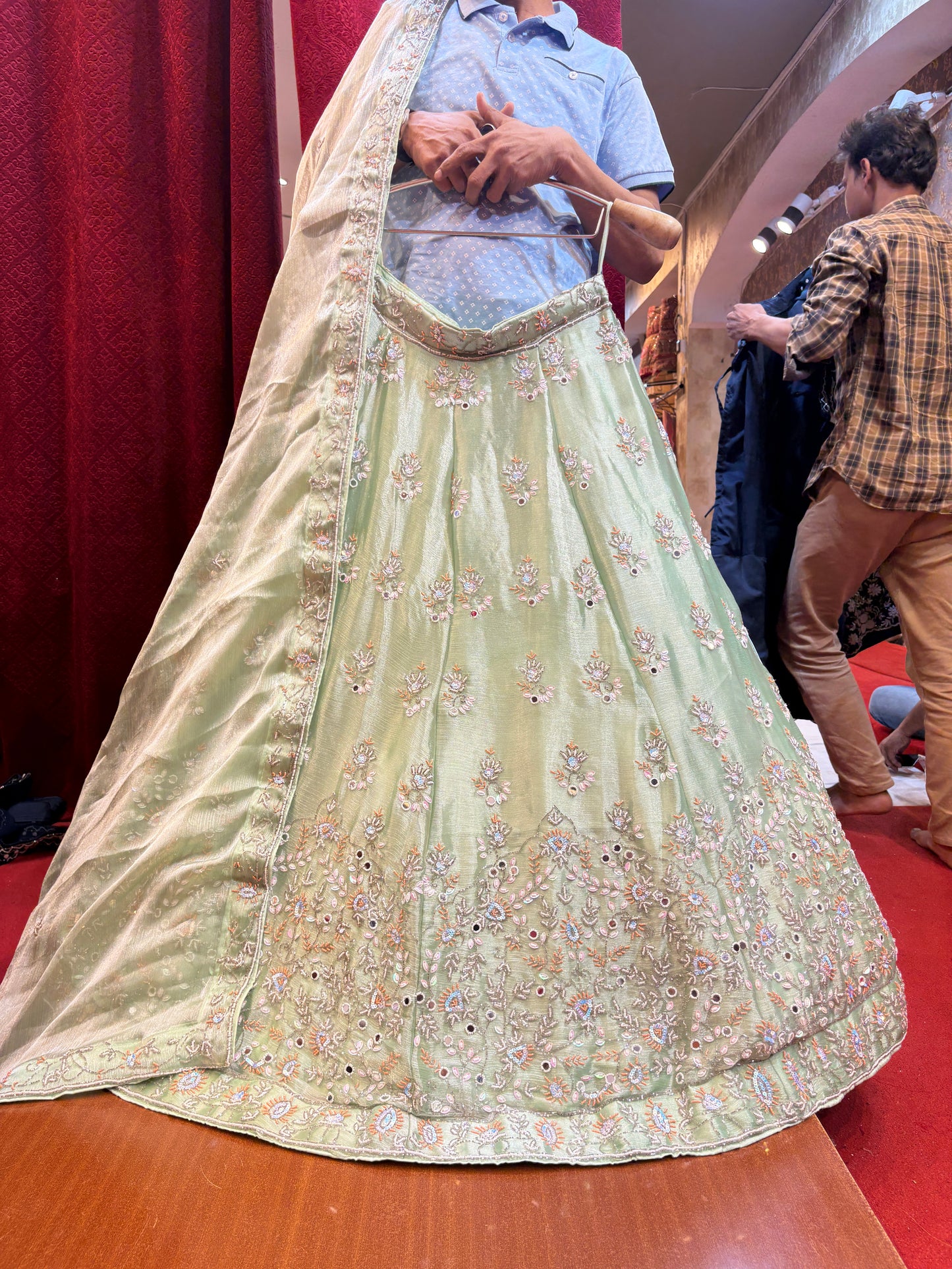 Astonishing pista mehendi green handwork Lehenga