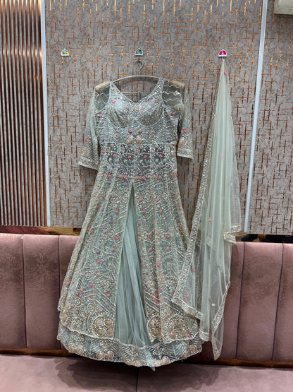 Green Farshi Garara Muslim Special Long Peplum Dress Lehenga