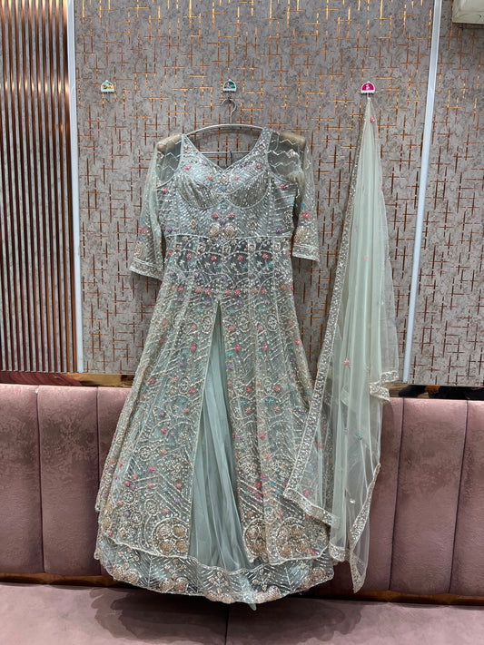 Pista Green Farshi Garara Muslim Special Long Peplum Dress Lehenga