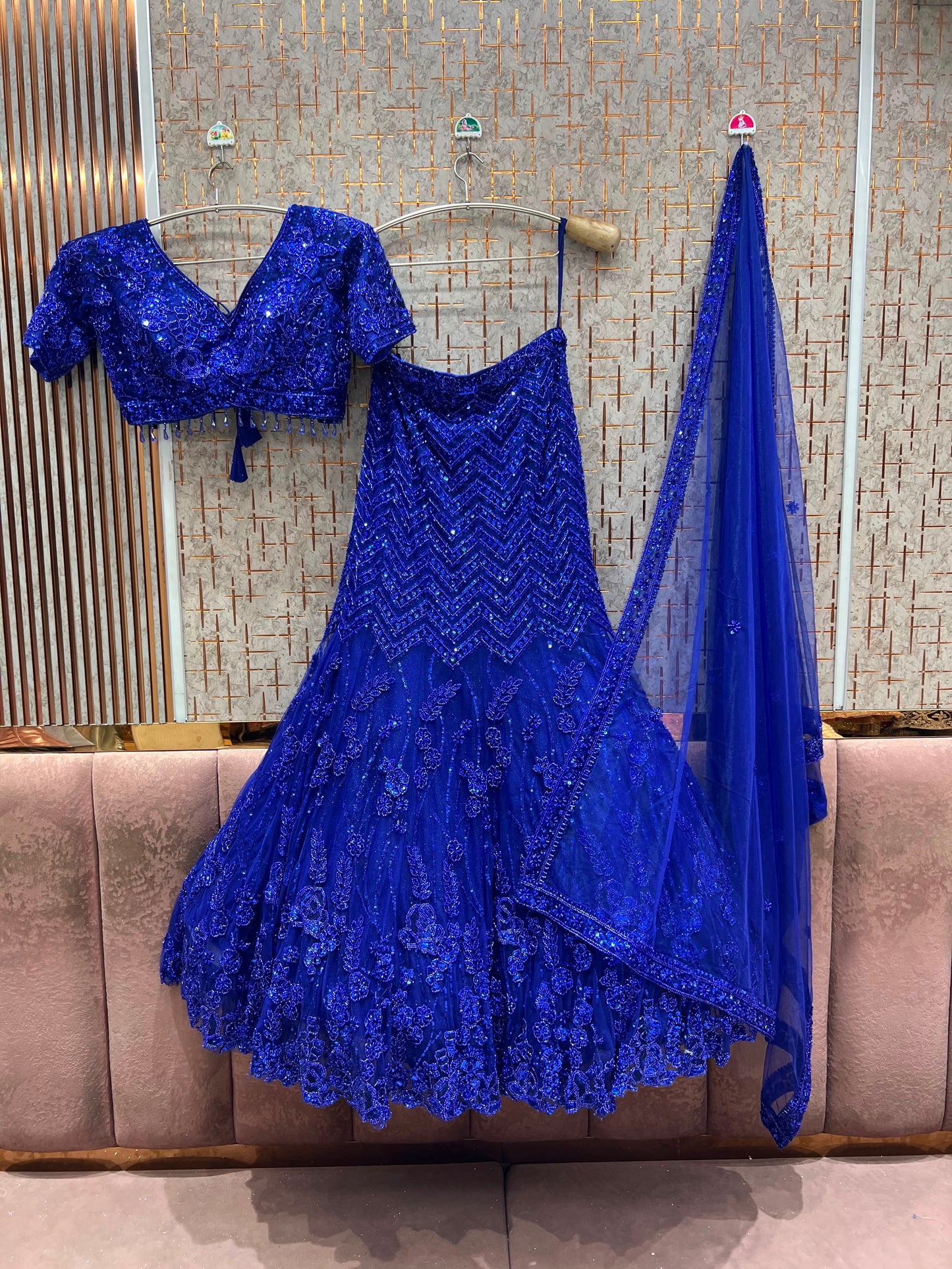 Royal Blue Fish Cut Crop Top Lehenga