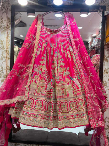 Fabulous rani pink peacock handwork bridal Lehenga