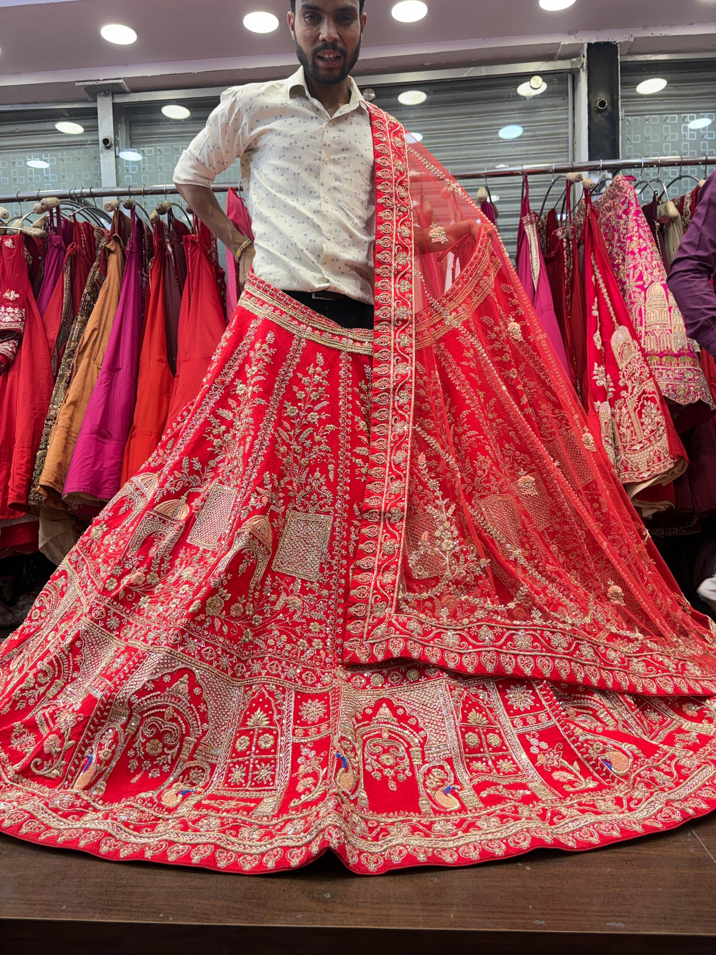 Attractive red zardozi dabka handwork handmade bridal Lehenga