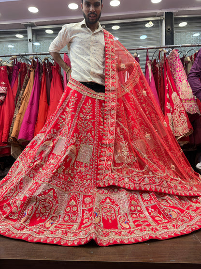 Attractive red zardozi dabka handwork handmade bridal Lehenga