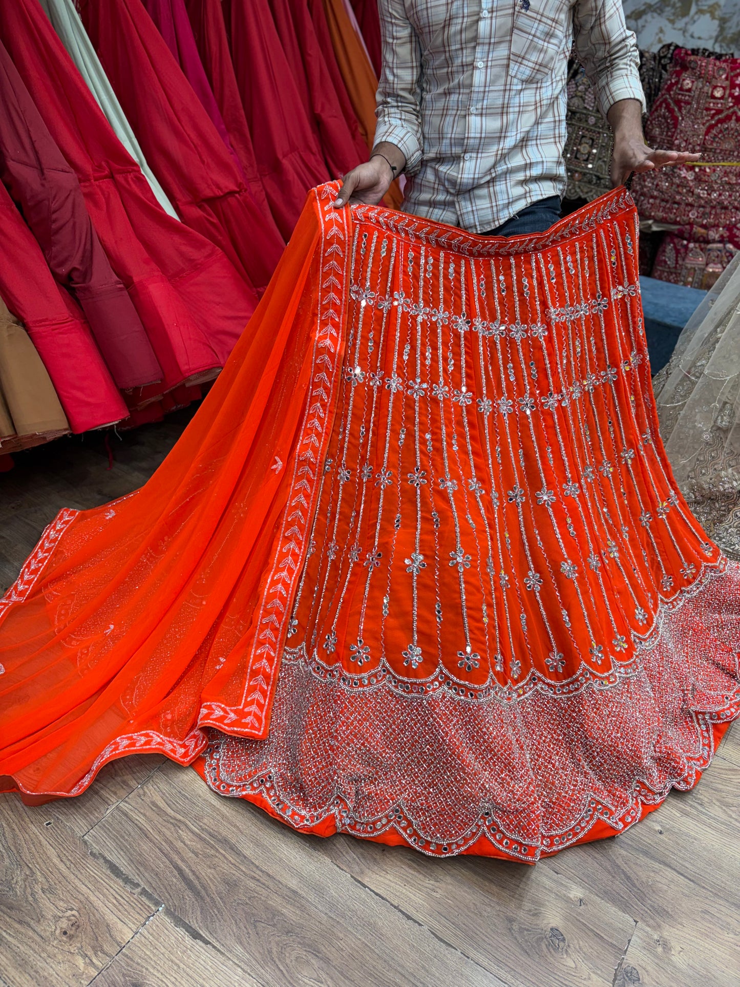 Rust Orange Mirror Work Lehenga