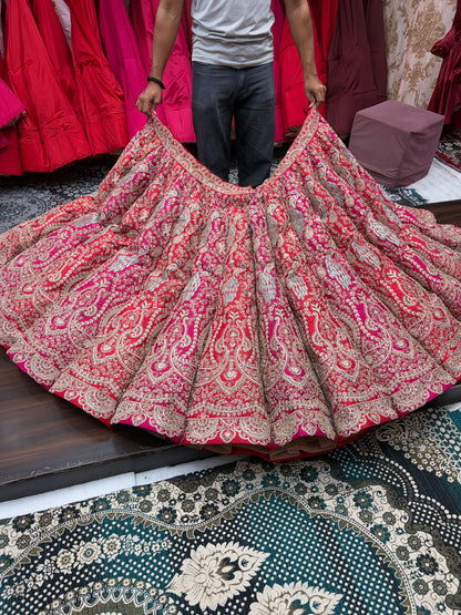Rani pink red orange Peacock Multikali Ball Bridal Lehenga