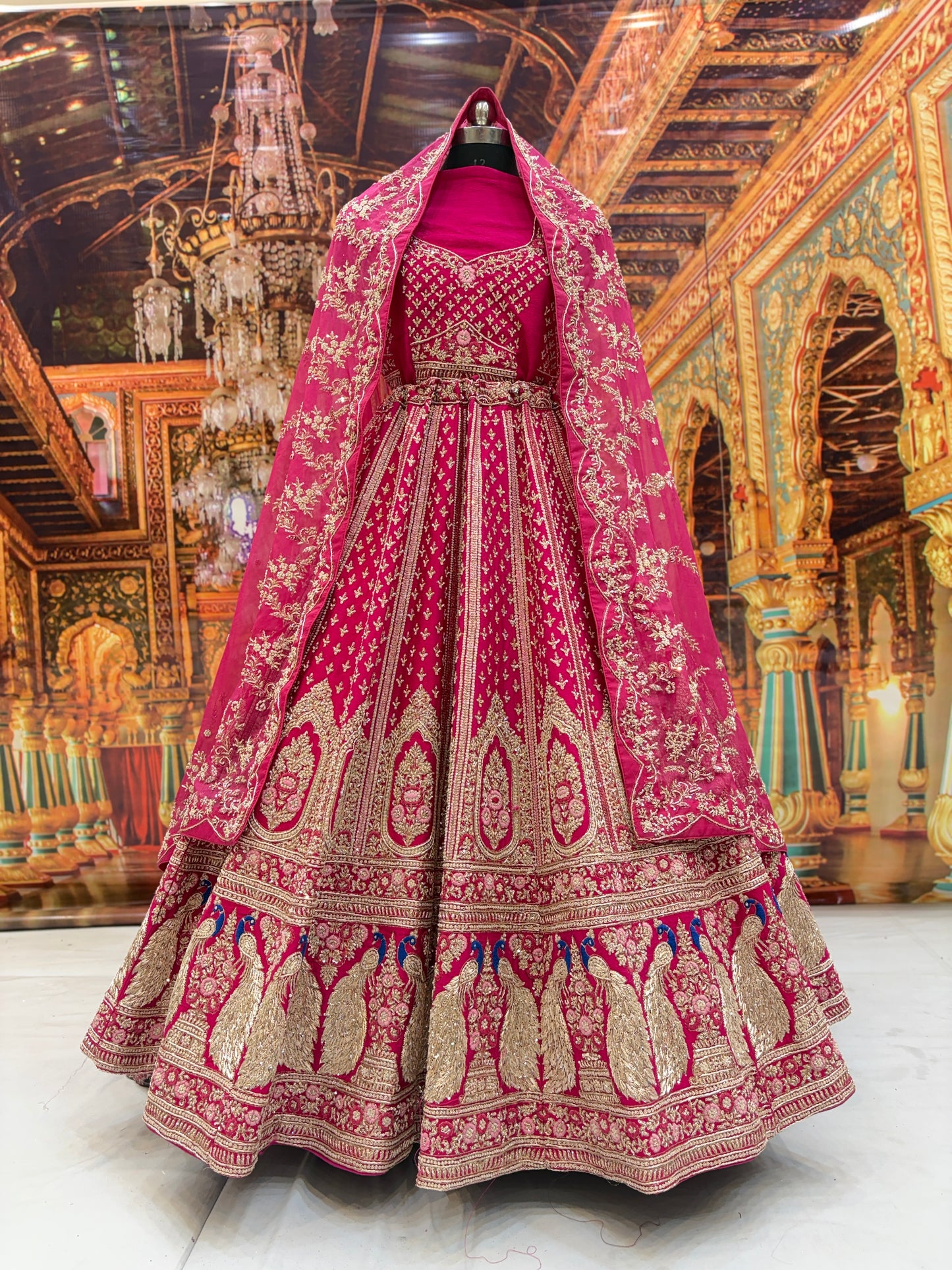 Eye catching rani pink peacock pure handwork heavy bridal Lehenga