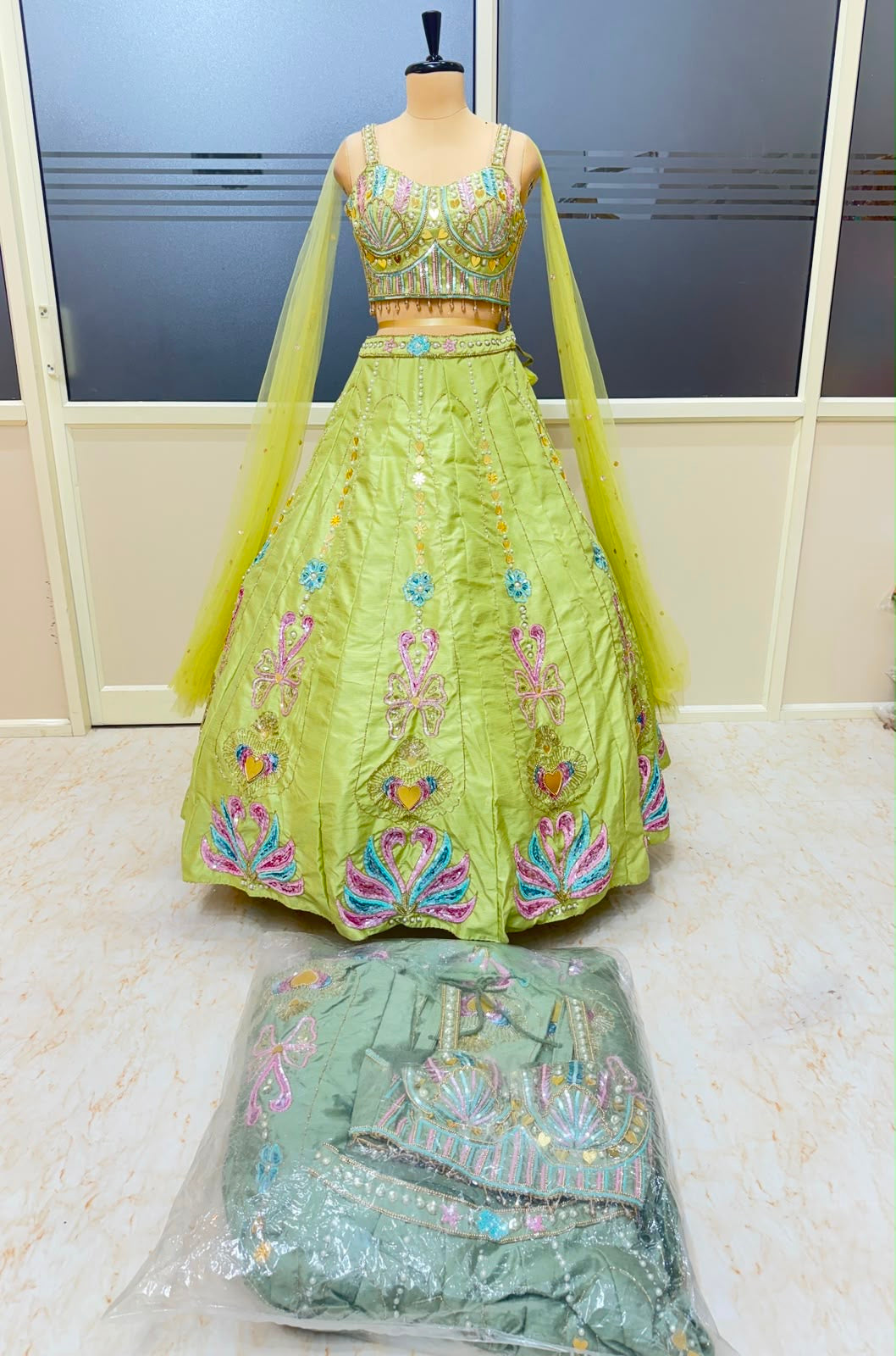 Neon green mint green Crop top Lehenga