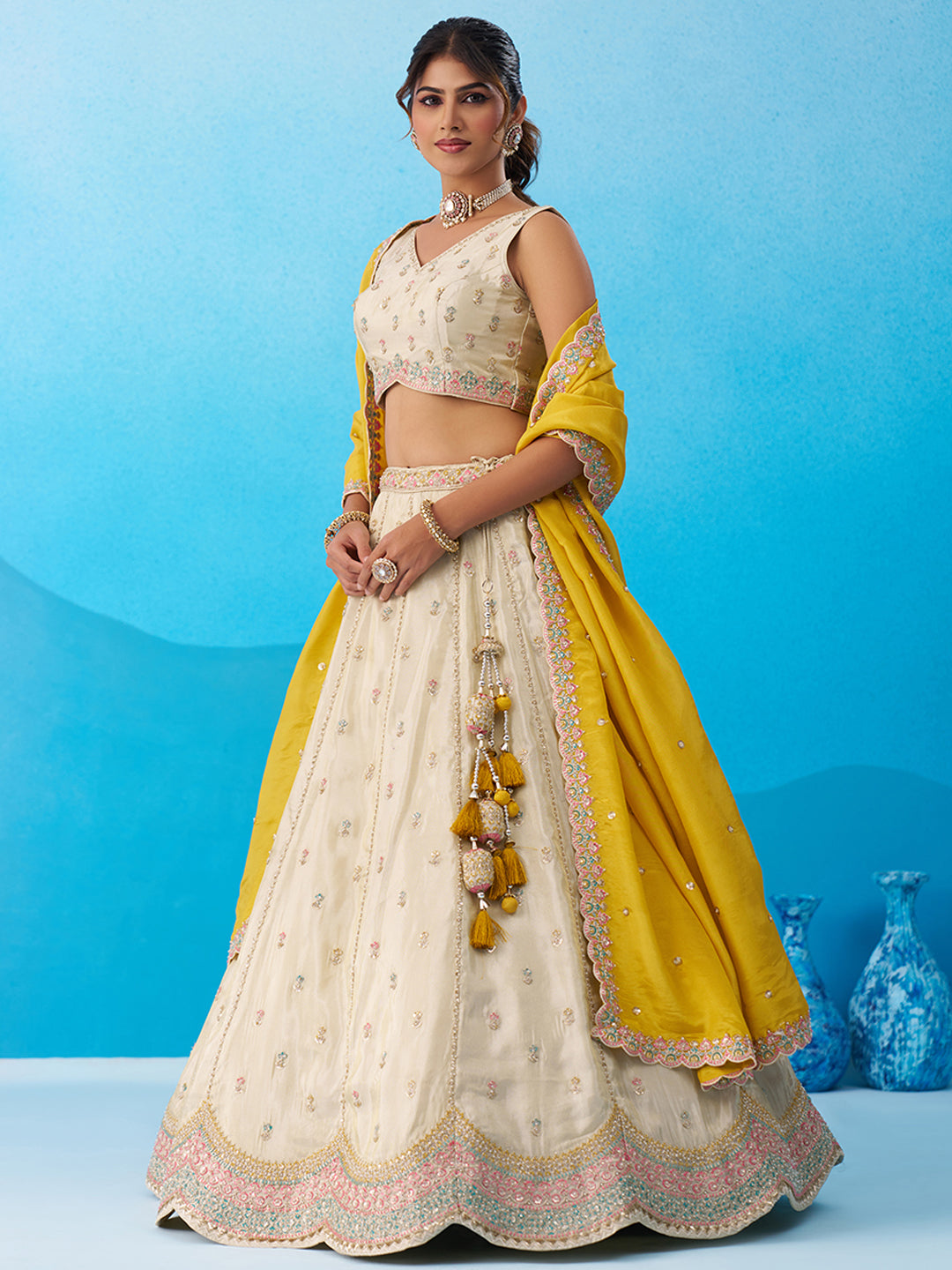 Cream Mustard- Tissue Sequins Embroidered Lehenga 6137