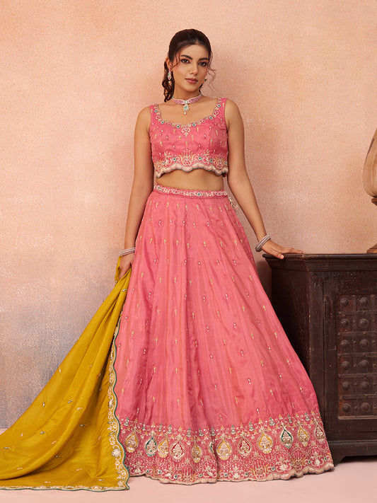 Pink- Cosmos Silk Beads & Sequins Embroidered Lehenga 6313
