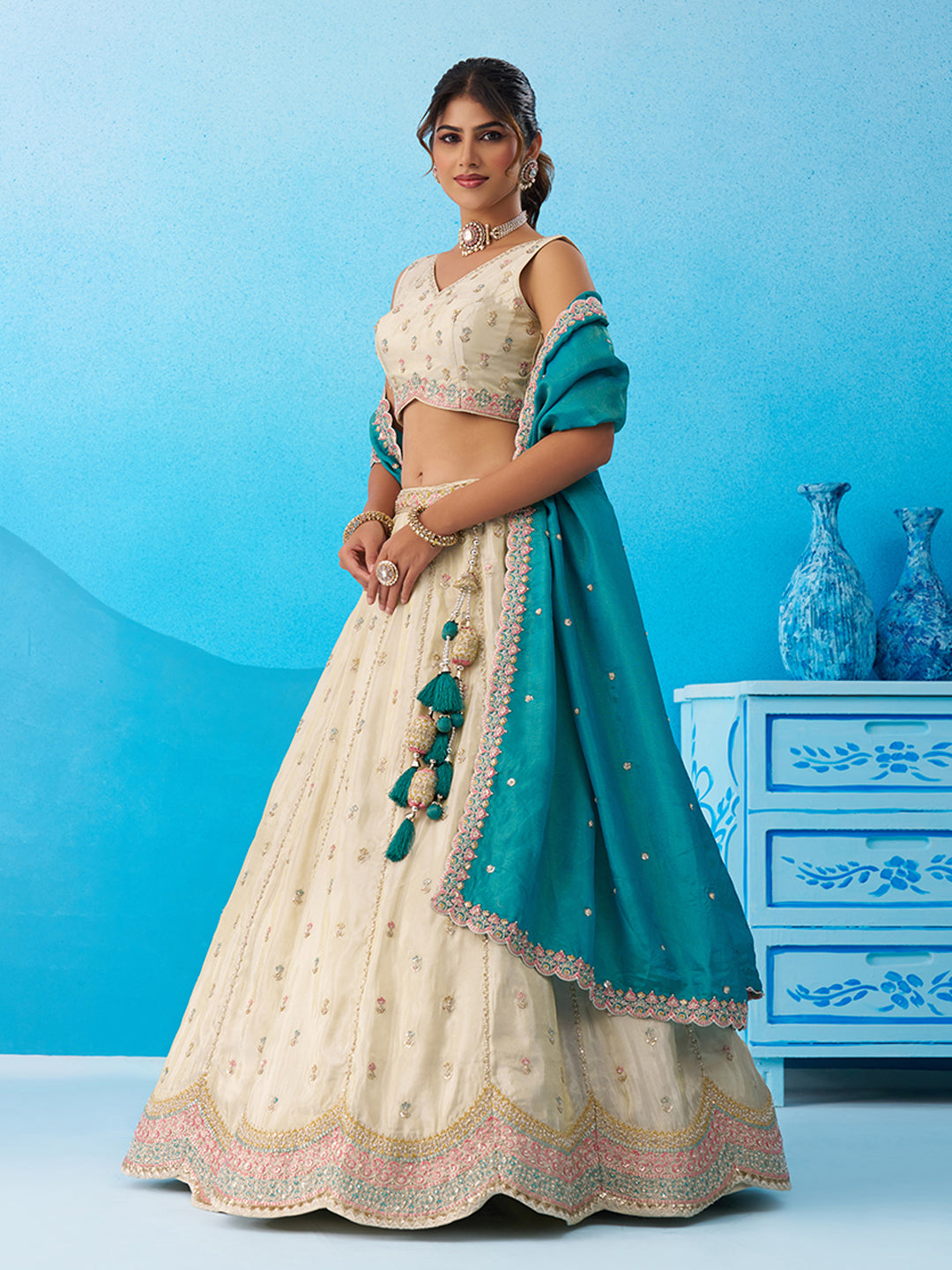 Cream Rama green- Tissue Sequins Embroidered Lehenga 6137