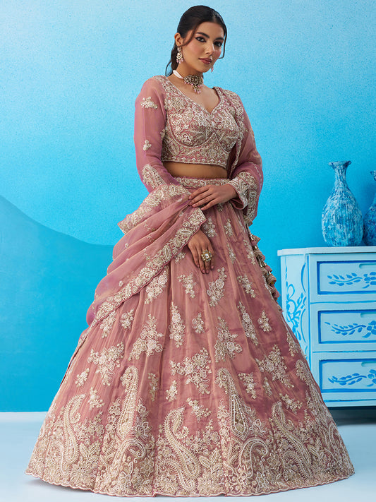 Pink- Tissue Beads & Sequins Embroidered Lehenga 6223