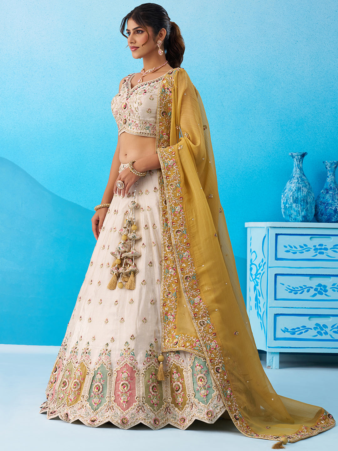 Cream- Tissue Sequins Embroidered Multicolor Patch Work Lehenga 6166