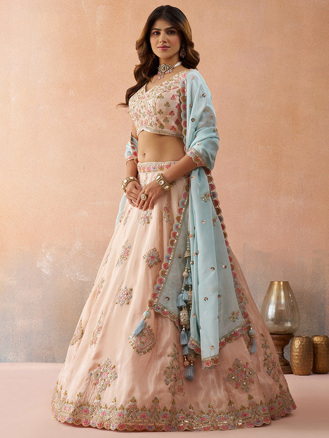 Peach copper- Tissue Sequined & Zari Embroidered Lehenga 6132