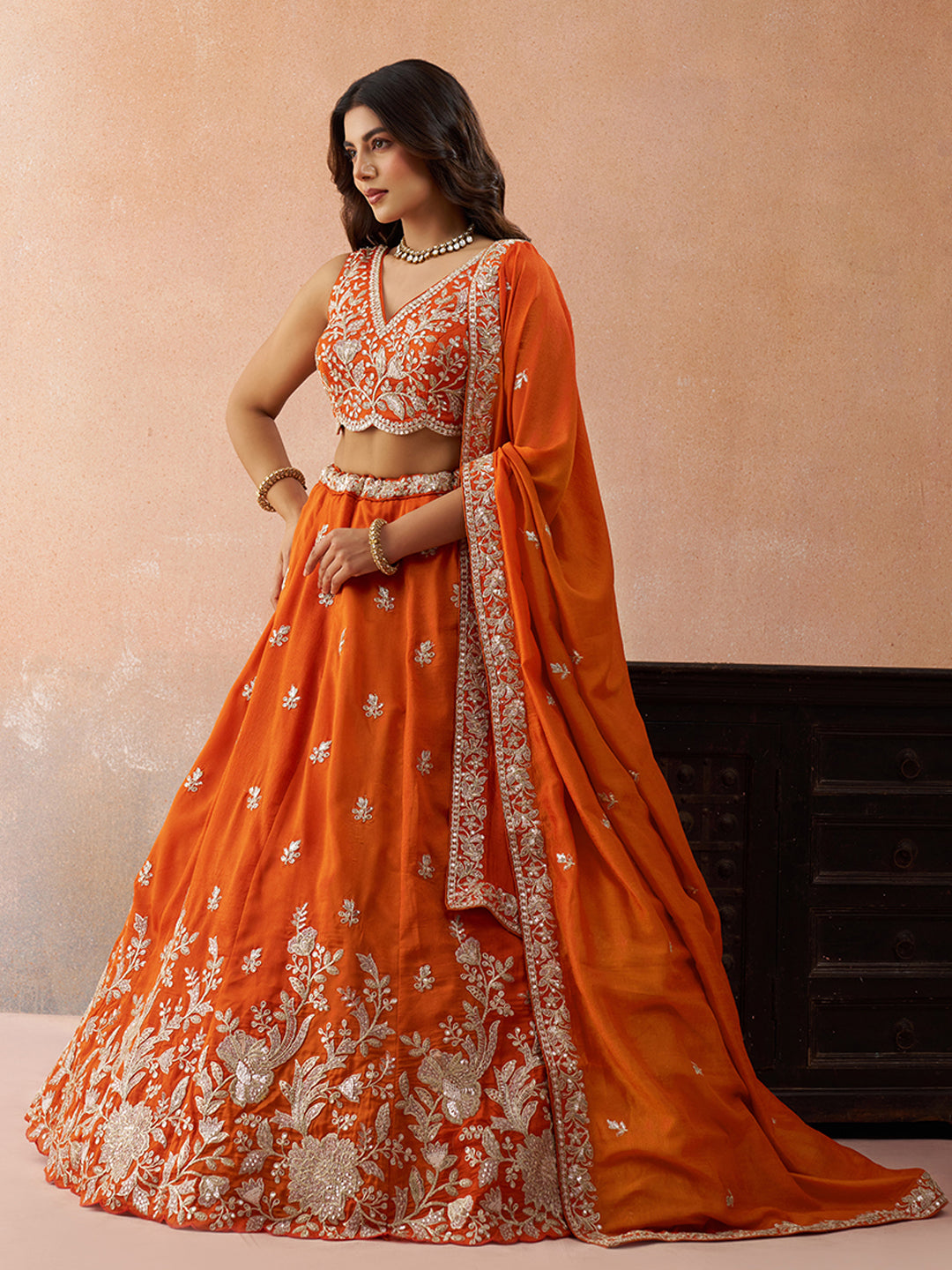 Rust Orange- Tissue Sequinned with Zari Embroidered Lehenga 6309