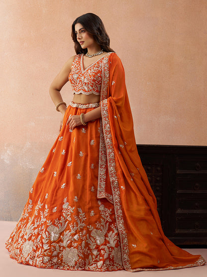 Rust Orange- Tissue Sequinned with Zari Embroidered Lehenga 6309