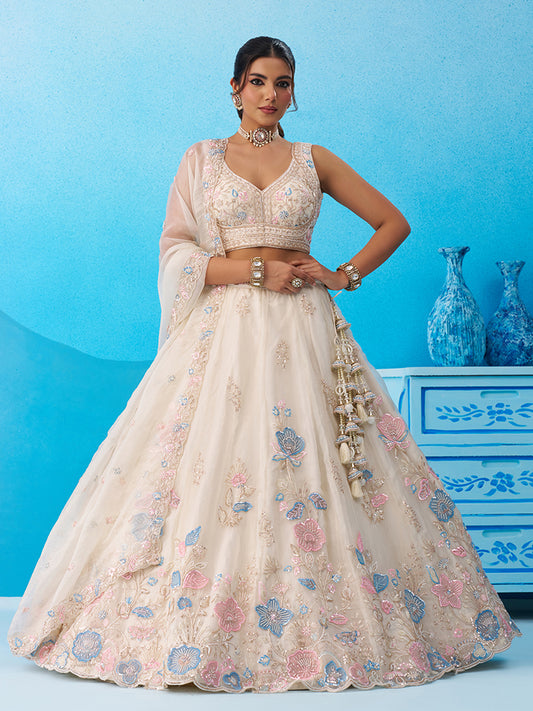 Cream- Tissue Beads & Sequinned Floral Embroidered Lehenga 6241