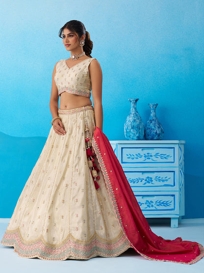 Cream Rani pink- Tissue Sequins Embroidered Lehenga 6137