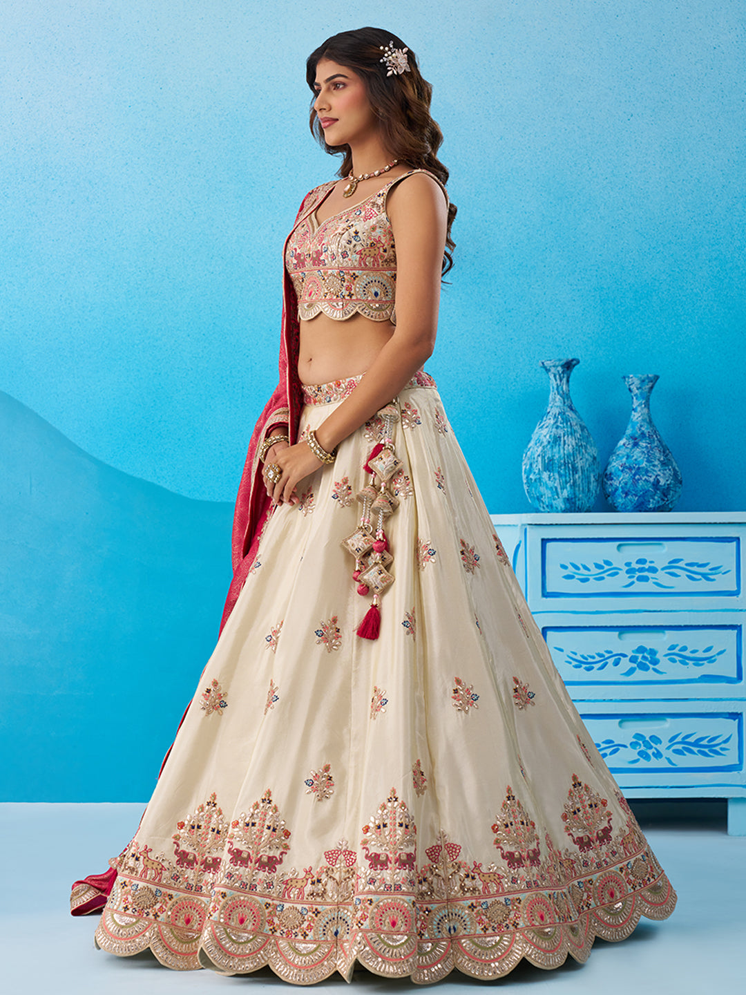 Cream- Tissue Sequins Embroidered Lehenga 6225
