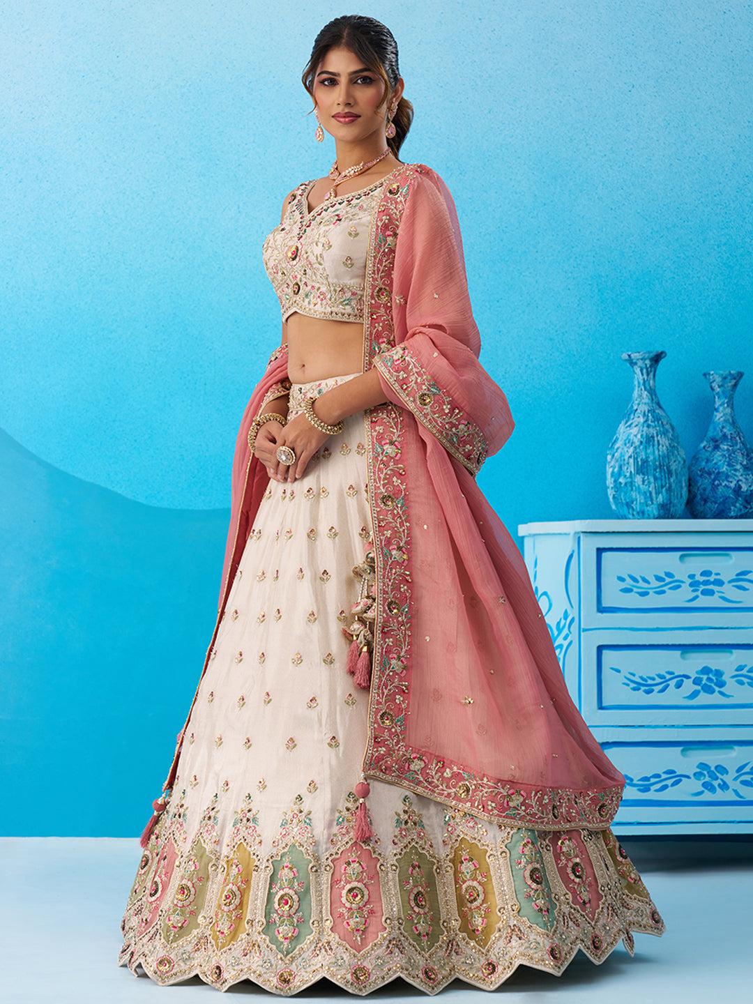 Cream pink- Tissue Sequins Embroidered Multicolor Patch Work Lehenga 6166