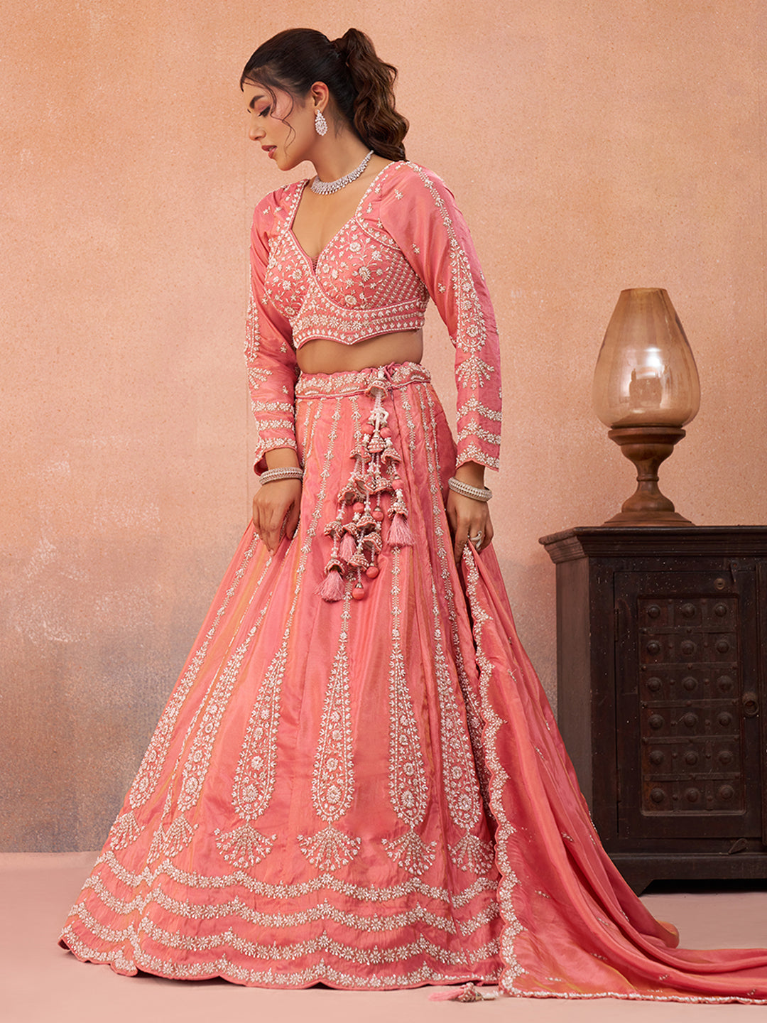 Peach- Tissue Beads & Sequins Embroidered Lehenga 6222