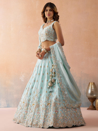 Sky Blue- Tissue Beads & Sequins Embroidered Lehenga 6186