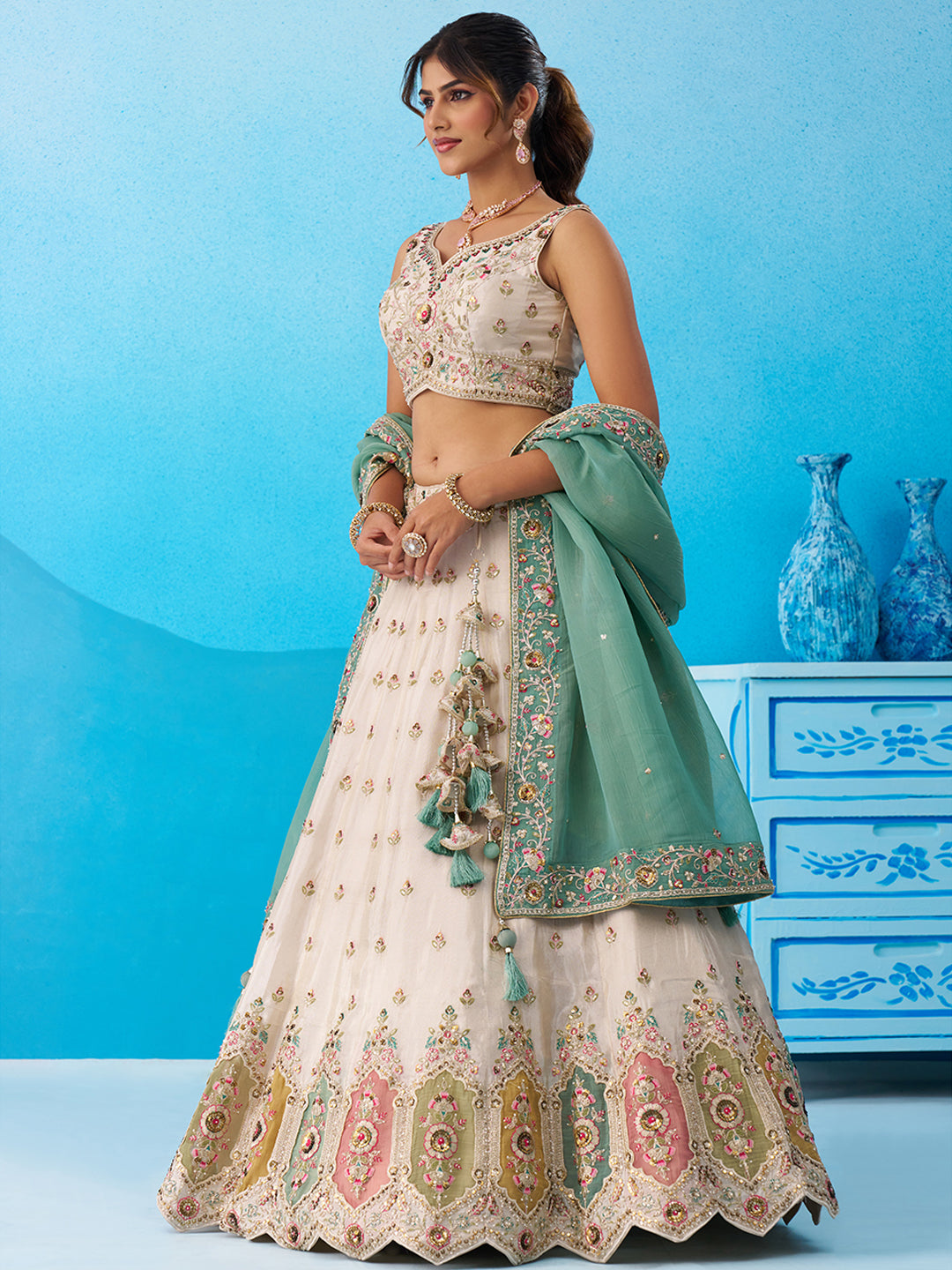 Cream green- Tissue Sequins Embroidered Multicolor Patch Work Lehenga 6166