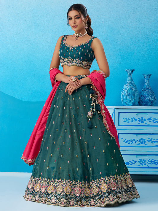 Rama green- Cosmos Silk Beads & Sequins Embroidered Lehenga 6313