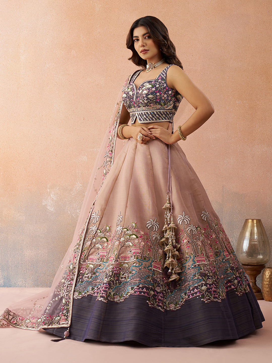 Purple- Net Sequins Embroidered Omber Purple and Mauve Lehenga choli 6275