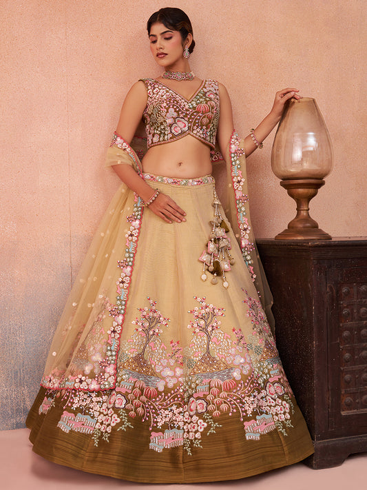 Olive- Net Sequins Embroidered Omber Olive Lehenga choli 6131