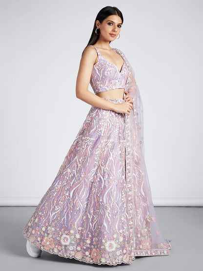 Bright Sequin, Golden-Sliver Threaded Embroidered Georgette sea green white girlish Lehenga