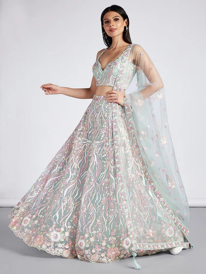 Bright Sequin, Golden-Sliver Threaded Embroidered Georgette sea green white girlish Lehenga