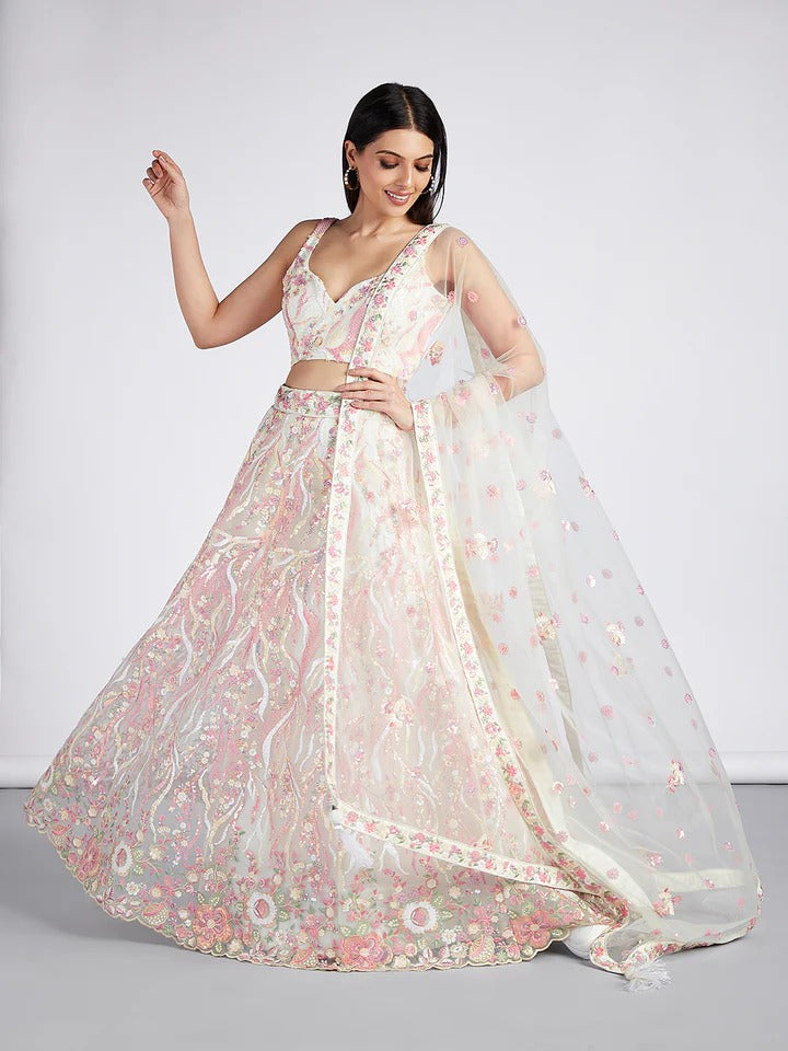 Bright Sequin, Golden-Sliver Threaded Embroidered Georgette sea green white girlish Lehenga
