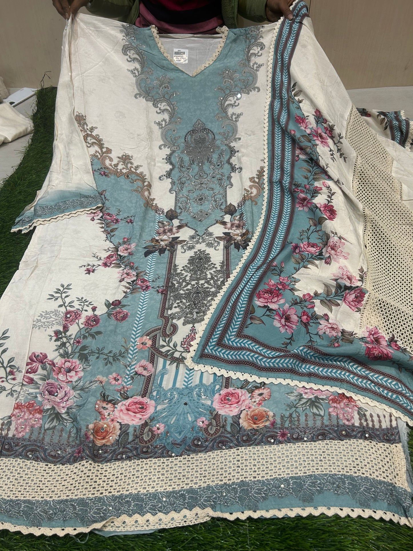 Beautiful white blue Unstitched suit ( free size )