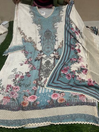 Beautiful white blue Unstitched suit ( free size )