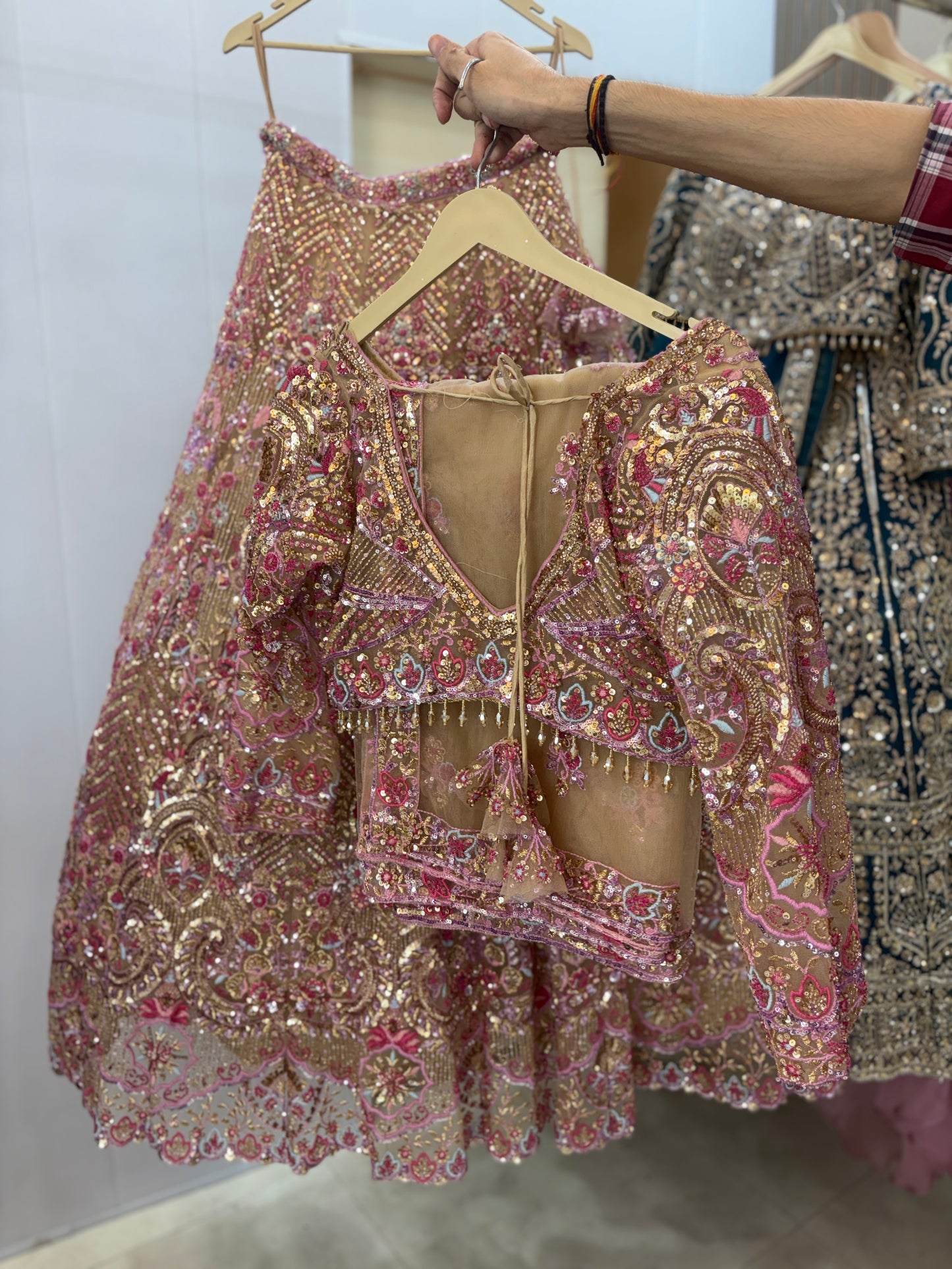 Stunning beige pink beads crop top Lehenga