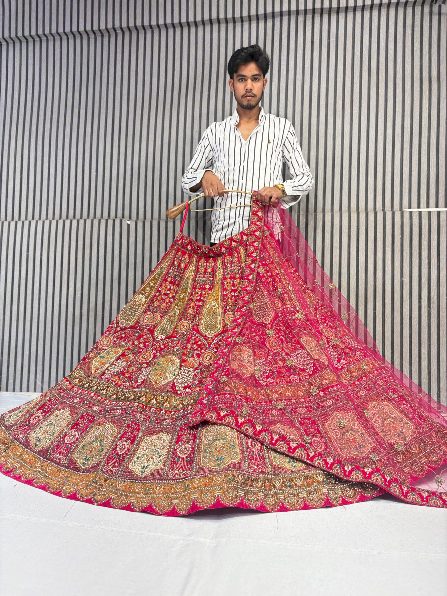 Pretty red rani pink peacock handwork bridal Lehenga