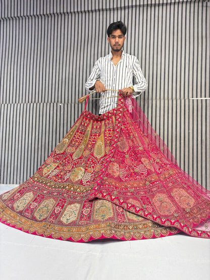 Pretty red rani pink peacock handwork bridal Lehenga
