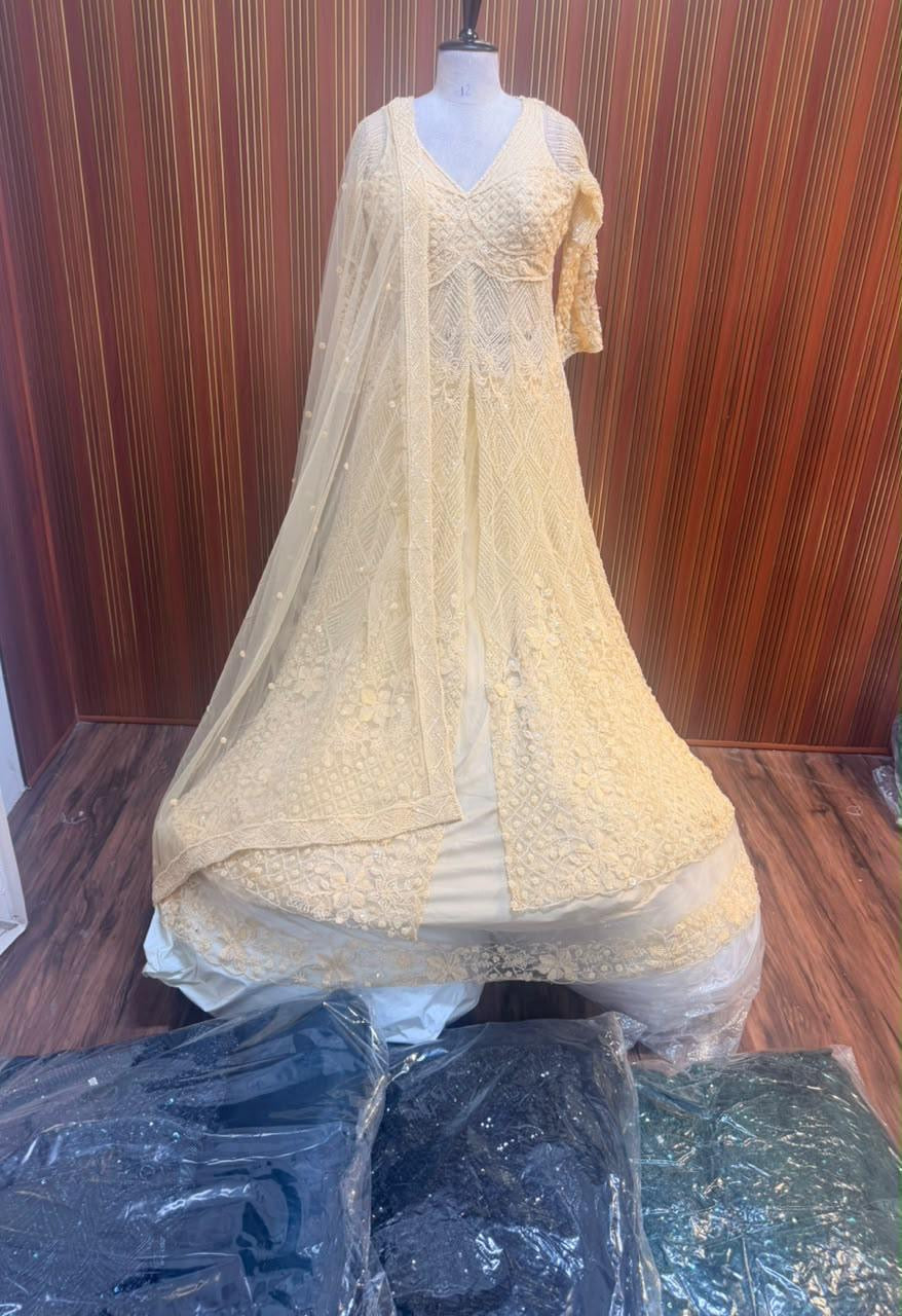 White pista color cream color crop top Lehenga