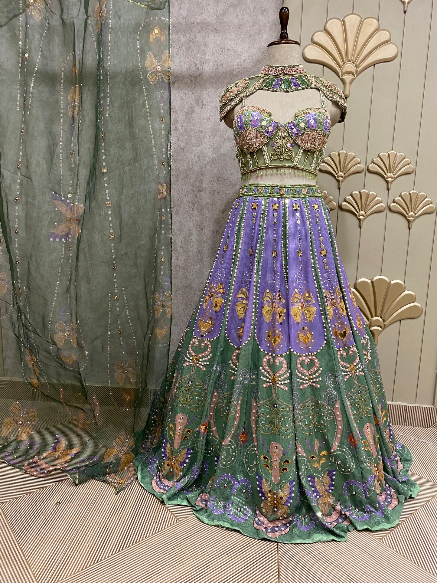 Green lavender PDP crop top lehenga