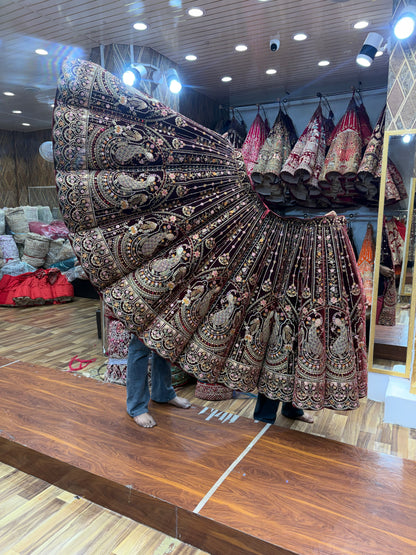 Dark Maroon Peacock Designer ball Bridal Lehenga